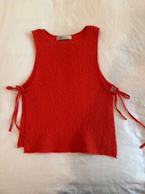 Sleeveless Ribbed Knit Tank with Side Ties - Coral